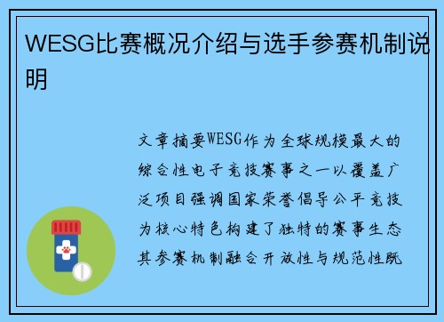 WESG比赛概况介绍与选手参赛机制说明